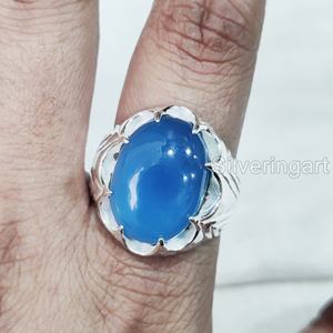 Recién llegado, anillo para hombre, piedra preciosa de Calcedonia azul Natural, anillo de piedra natal, todos los tamaños, joyería fina árabe, anillo de Plata de Ley 925 - Product Image 1