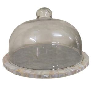 Assiette à gâteau en bois avec incrustation mère et perle avec dôme en verre, support à gâteau à Dessert, assiette de service pour articles de fête - Product Image 1