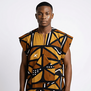 African Bogolan Casual Short Dress Men Handmade Embroidered Linen Cotton Breathable Eco-Friendly Geometric Pattern African - Product Image 2