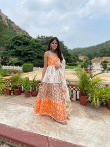 Tangerine Flora Tiered Suit Set Indian Fashion Styling High End Quality <b>Kurti</b> and Pants From Indian Manufacturer - Product Image 3