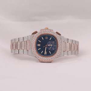 Montre mécanique classique de luxe époustouflante, boîtier en acier inoxydable, sertie de pierres, diamant moissanite étincelant, analogique, tendance - Product Image 3