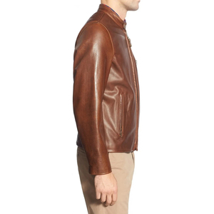 Veste de moto en cuir véritable pour homme de haute qualité 100% cuir avec col montant, logo frontal, fermeture éclair brillante - Product Image 4