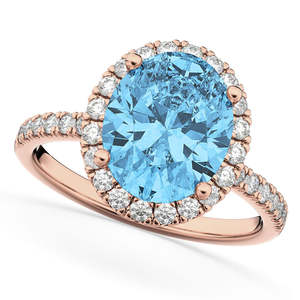 Anillo de Compromiso de Oro Rosa de 14K con Halo de Topacio Azul Corte Ovalado y Diamantes de 4.01ct con Incrustaciones de Oro Amarillo y Blanco con Baño de Rodio - Product Image 1
