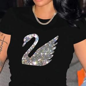 T-shirts en coton d'hiver pour femmes de haute qualité en gros, imprimés personnalisés avec des strass, col rond, fabricants OEM, écologiques, séchage rapide - Product Image 6