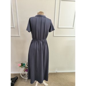 Women's Short-Sleeved Collared Zippered Long <b>Viscose</b> Two-Thread <b>Dress</b> with Decorative Pocket Details, 35356 - Gray - Product Image 6