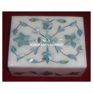 Très beau marbre blanc pur bleu nacre incrustation travail forme rectangulaire boîte de rangement de bijoux pour la décoration de la maison - Product Image 1