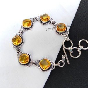 Vente en gros de bracelets tendance à chaîne et à maillons en cristal de citrine à facettes plaqué argent ajustable pour les fêtes - Product Image 1