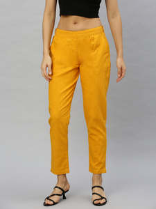 Pantalon en coton slub moutarde respirant pour femmes, conçu pour un ajustement régulier, confort décontracté, adapté au port quotidien, au bureau, aux voyages - Product Image 2