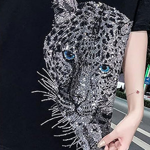 เสื้อยืดแฟชั่นสำหรับผู้หญิงดีไซน์ประดับพลอยเทียมคอตตอนคอปก100% - Product Image 5