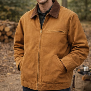 Chaqueta de Trabajo para Hombre, Chaqueta de Trabajo de Lona Gruesa, Cuello de Pana, Chaqueta Utilitaria Aislada, Chaqueta de Trabajo de Invierno con Forro de Cuadros Cálidos - Product Image 4