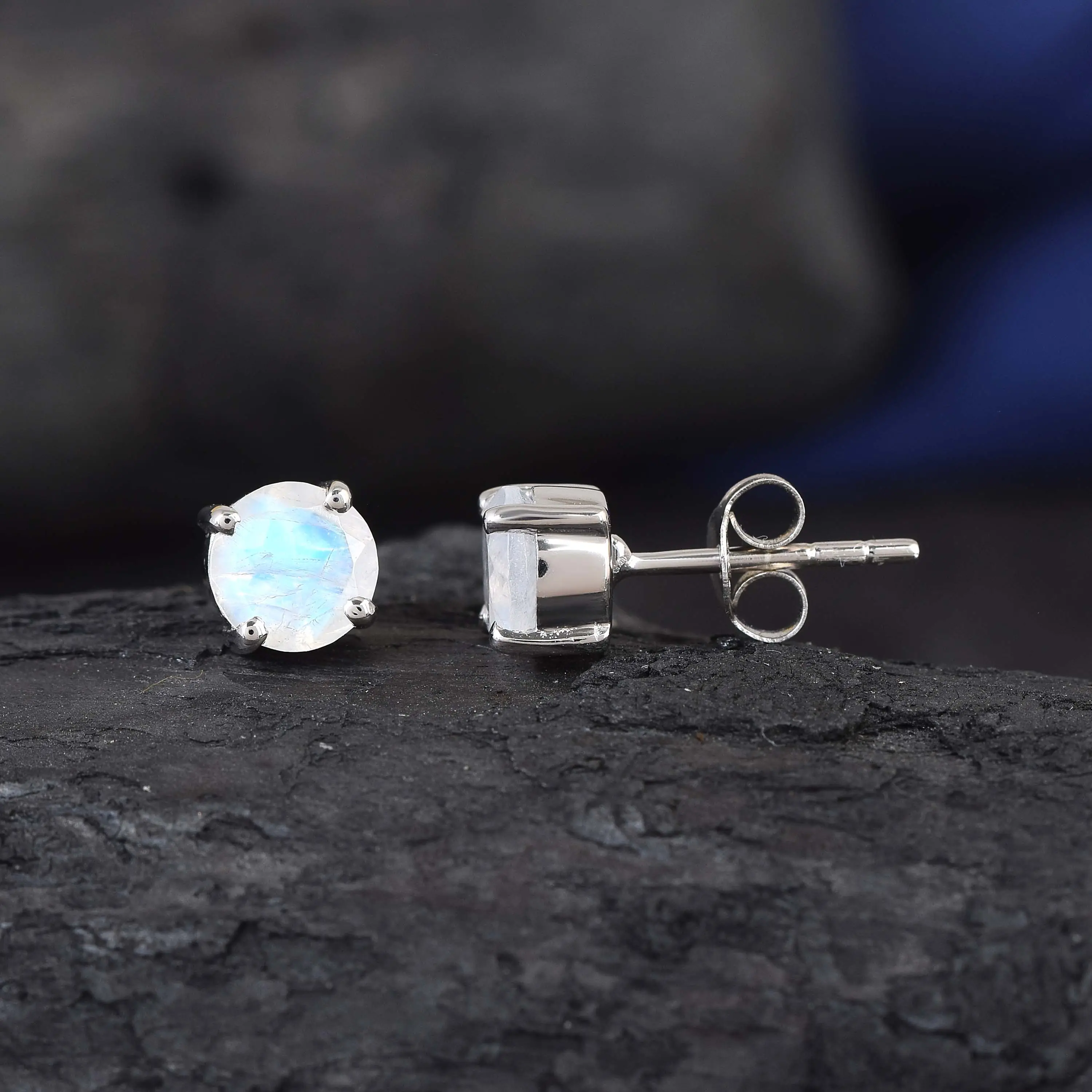 Faceted Moonstone Earrings 6mm Pendant Length Rainbow Minimalist Studs Prong Set Studs Silver Blue Flashy Moonstone Earrings