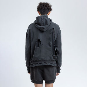 Sweat à capuche personnalisable pour homme 100% coton lourd à capuche surdimensionné épaule tombante noir Logo sérigraphié Sweats à capuche en détresse - Product Image 4