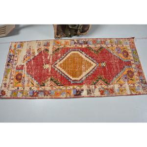 Vintage Turkish Rug, 2.5x5.2 ft Rug, <b>Red</b> Camouflage <b>Wool</b> Rug - Product Image 3
