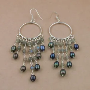 Boucles d'oreilles chandelier chic en argent 925 avec perles et labradorite pour femmes - Product Image 1