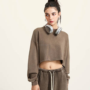 Custom Cropped Hoodies <b>Raw</b> Hem Woman Blank Cotton French Terry Pullover Oversized Acid Wash Women's Puff Print Crop Top Hoodies - Product Image 4