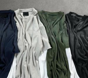 Venta al por mayor personalizado camisa de los hombres suelta de gran tamaño en blanco desgastado lavado ácido Waffle de punto de doble capa de manga larga Camiseta - Product Image 2