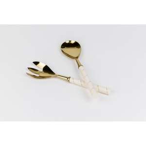 Ensemble de couverts de luxe pour la cuisine, comprenant une cuillère et une fourchette à salade en acier inoxydable de haute qualité avec des poignées en marbre doré - Product Image 3