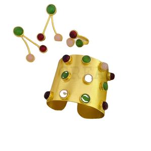 Parure pierres précieuses plaqué or SKU7281, ensemble bijoux boucles d'oreilles manchette design unique, pierre onyx verte, quartz rose - Product Image 1