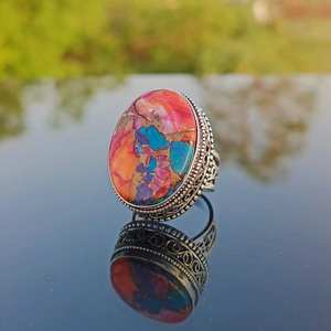 Bague en argent sterling 925 faite à la main avec pierres précieuses vintage, huître naturelle, cuivre, turquoise, cadeau de mariage et de fête pour elle - Product Image 4