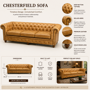Sofá de 3 Plazas de Cuero Genuino Premium |   Sofá Chesterfield de Cuero |   Muebles de Lujo para Sala de Estar |   Fabricante Mayorista - Product Image 4