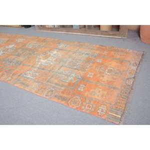 Tapis Vintage Turc Bohème Orange Bleu 3.9X10 pieds Laine Grande Zone Patchwork Motif pour Couloir Chambre Latex pour Chevet - Product Image 2