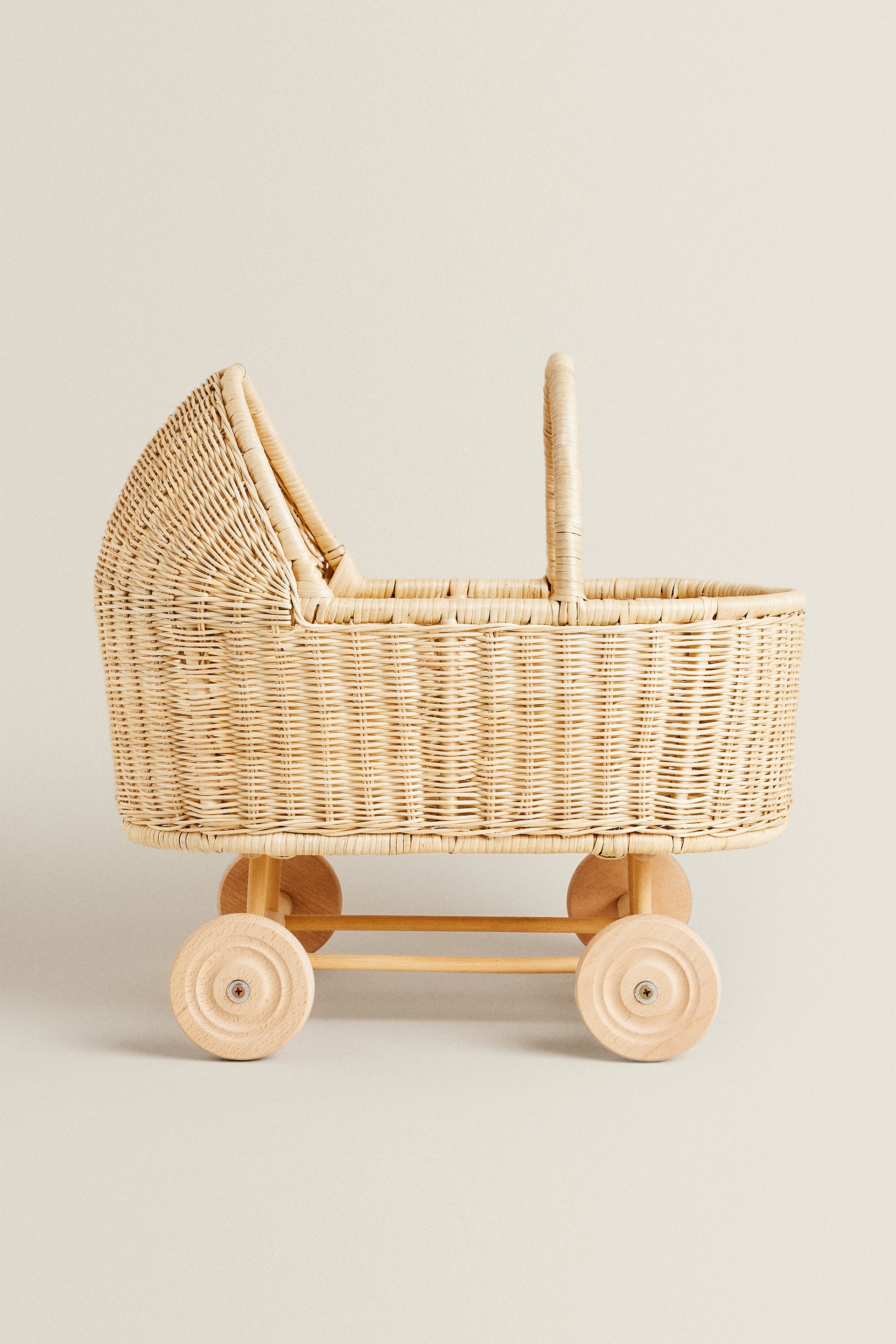 ［新品未使用］籐　ラタン製　乳母車　ベビーカー　ベビーバスケット　ベビーベッド 籐・ラタンの乳母車、ベビーカー/水玉幌ピンク×白 スタンダード