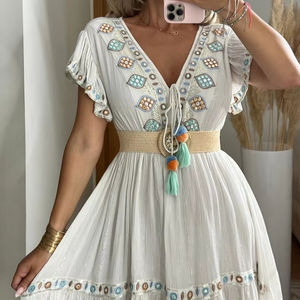 2024 Premium Collection Mère Belle Bohème Plage À Manches Courtes Vintage Multicolore Brodé Coton Bouton Naturel - Product Image 5