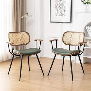 Chaise de salle à manger en bois massif, rotin, contreplaqué, cuir PU et cadre en métal, caractéristique de loisirs pour bureau à domicile, cuisine - Product Image 2