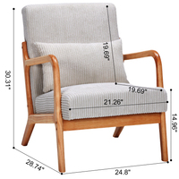 Fauteuil d'appoint en bois d'hévéa rayé beige avec coussin, fauteuil de lecture style mid-century pour salon, chambre, balcon