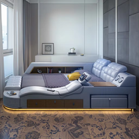Cadre de lit réglable moderne en cuir capitonné de luxe, taille King, avec télécommande, cheminée et haut-parleur