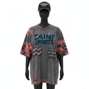 Camiseta Oversize para Mujer, 220 GSM, Algodón Grueso, Jersey Sencillo, Lavado Ácido, Gris con Paneles Rojos, Bolsillos, Estampado, Camiseta de Algodón para Mujer - Product Image 1