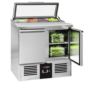 Comptoir à salades commercial PREMIUM - 900 mm - 159 L - 2 portes - dessus ouvert pour 4 x GN 1/3 & couvercle en verre - Product Image 3
