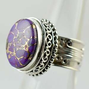 Bague artisanale bohème en argent sterling 925 avec incrustation de turquoise cuivrée violette, plaqué or 18 carats, cadeau idéal pour elle, pierre de naissance de décembre, forme ovale - Product Image 5