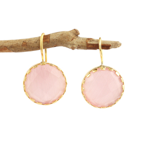 Boucles d'oreilles en forme de griffe plaquée or, bijoux en pierre précieuse, œil de chat rose rond, crochet goutte fait à la main - Product Image 1