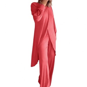 Conjunto de dos piezas elegante blusa con dobladillo irregular conjunto de pantalones de pierna ancha para mujeres de talla grande elegante traje de oficina con mangas largas - Product Image 5