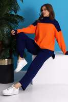 Conjunto de Dos Piezas de Punto con Cuello Alto y Bloques de Color para Mujer, Venta al por Mayor del Fabricante: Suéter de Manga Larga de Corte Holgado y Pantalones de Pierna Ancha