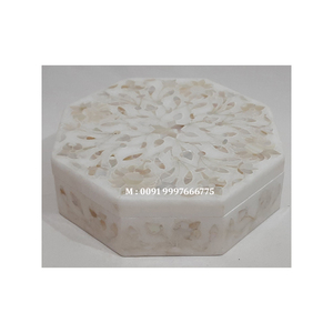 Boîte à bijoux en marbre blanc naturel de forme octogonale avec incrustation de nacre, design floral fait à la main, surface brillante, utilisée pour la décoration de bureau - Product Image 1