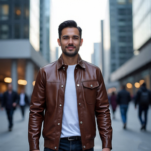 เสื้อแจ็กเก็ตหนังมีซิปสำหรับผู้ชาย, เสื้อแจ็คเก็ตหนัง PU แบบเปิดลงปกเสื้อมีกระเป๋าด้านหน้า - Product Image 1