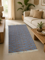 Handcrafted Cotton Kilim Runner Rug Modern Interlocking Chevron Dhurrie Floor Carpet with Fringe for Bedroom Hallway