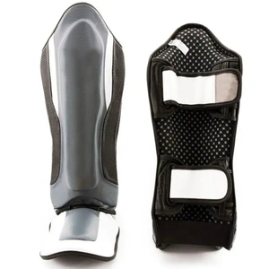 Custom <b>MMA</b> <b>Shin</b> <b>Guards</b> Muay Thai Kickboxing <b>Shin</b> Instep <b>Guards</b> PU Leather Black with Red Trim Leg Protection Gear - Product Image 1