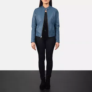 Blouson de motard en cuir véritable bleu pour femme, col montant, épaules matelassées, en peau de mouton, fermeture éclair sur le devant, poches, coupe ajustée, vêtement d'extérieur - Product Image 5
