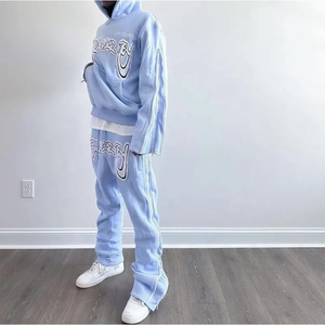 Survêtement d'hiver léger en chenille brodée personnalisé avec fermeture éclair sur la manche latérale, survêtement unisexe avec pantalon de survêtement évasé à deux pièces - Product Image 2