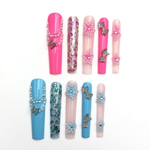 Luxury Long Coffin <b>Nails</b> Chic Aura Pink Square Pattern Press-on <b>Set</b> ABS Plastic with Glue for Fingers Custom Model Style - Product Image 1