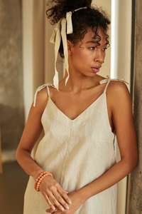 Combinaison en lin confortable pour femmes, été, respirante, style vintage, bretelles spaghetti, coupe régulière, style doux, longueur au-dessus du genou, taille mi-haute, ODM - Product Image 4