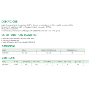 Grille de retour en aluminium Tecnosystemi à 45 lames fixes inclinées, filtre amovible pour systèmes CVC, registres de plafond faciles à installer - Product Image 3