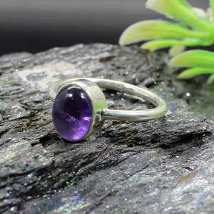 Handmade 92.5 <b>Sterling</b> <b>Silver</b> Fine <b>Ring</b> Dainty Vintage Style with Natural Amethyst Gemstone Bezel <b>Set</b> for Gift - Product Image 1