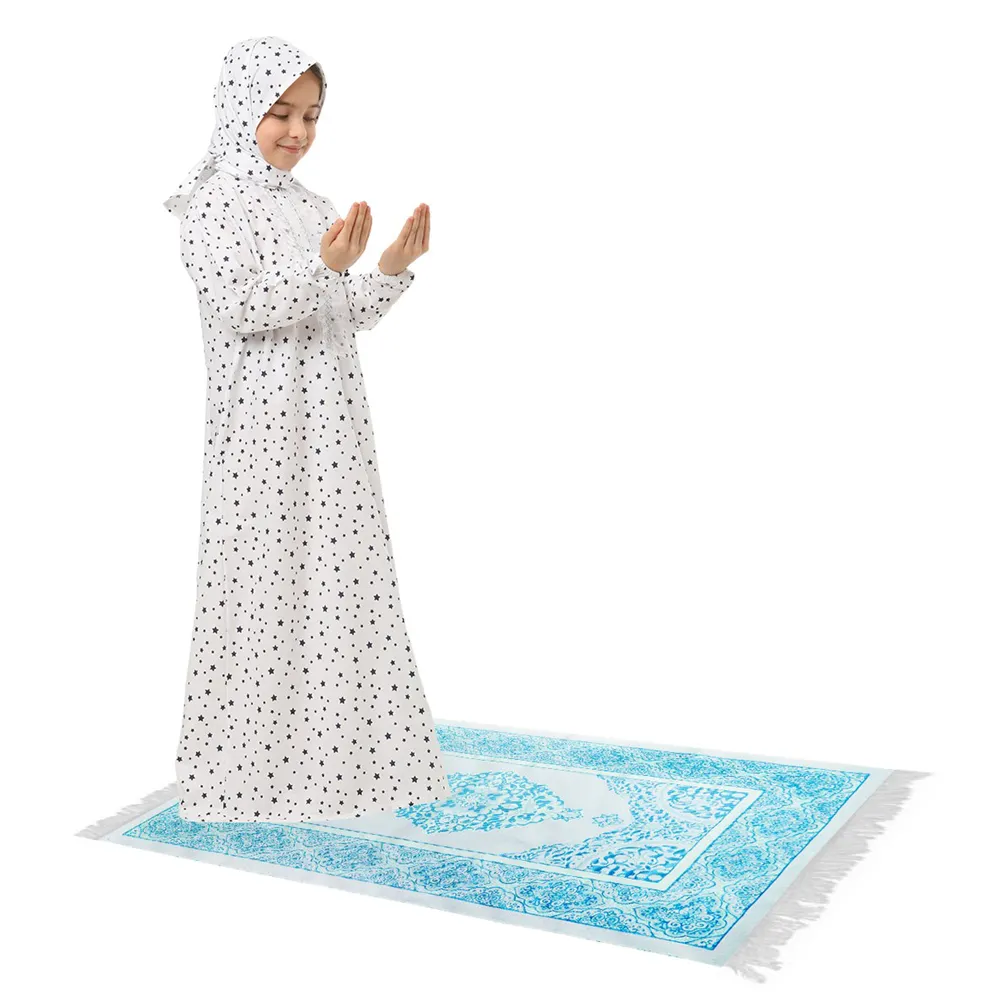 Abbigliamento tradizionale islamico per bambini con motivo a stella in due pezzi Abaya Hijab Set con tappetino da preghiera abito da preghiera musulmano per bambini