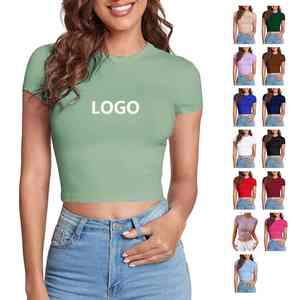 T-shirt court tendance pour femme avec logo personnalisé, vêtements de club et hip-hop, t-shirt à col rond de qualité supérieure à manches courtes pour la marque. - Product Image 6