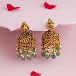 Boucles d'oreilles pendantes vintage en or 18 carats 188905, forme de pompon en turquoise et corail antique, plaqué or, pour femme, 29g, serti clos - Product Image 2