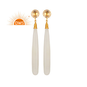 Venta caliente Plata esterlina 18K Chapado en oro Calcedonia blanca y cristal Cuarzo Piedra preciosa Cuelga Pendiente Joyería Fabricante - Product Image 1